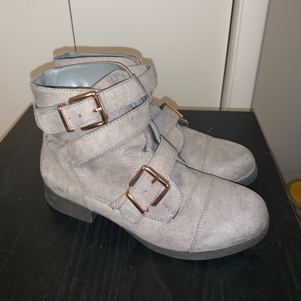 Grey & gold buckle booties, never been worn